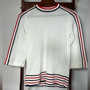 Vintage Joyce Women’s Large Knit Short Sleeve Sweater White Red Blue Stripes Top